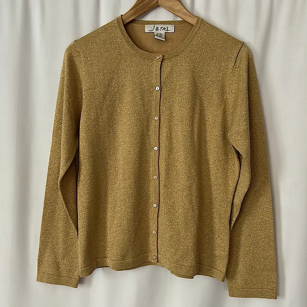 Jetal Silk Gold Metallic Thread Button Front Long Sleeve Shirt Top **Sz L** - Picture 1 of 4